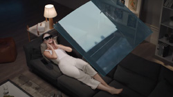 An overhead view of a person laying on their back on a couch wearing smart glasses. A transparent screen playing a movie is overlayed above.